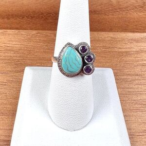 Nevada Turquoise & Amethyst Ring - Solid Sterling Silver - Size 8.5